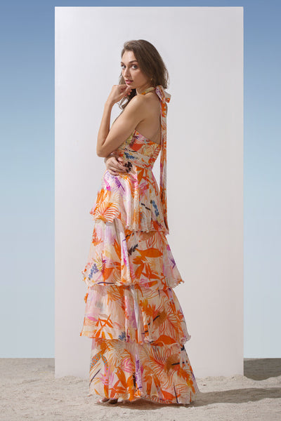 Mandira Wirk Chiffon printed tiered dress with lurex georgette halter neckline with waist tie-up  orange western indian designer wear online shopping melange singapore