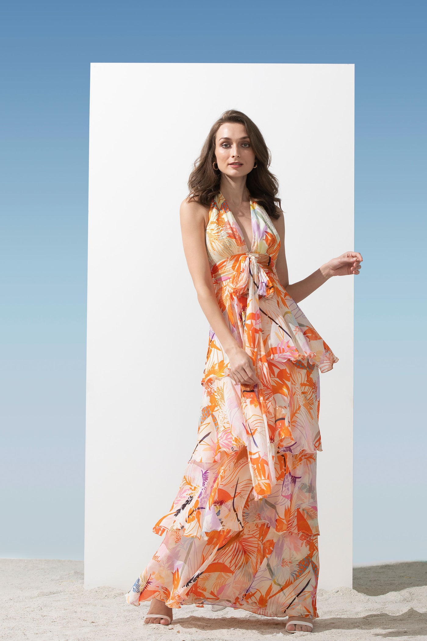 Mandira Wirk Chiffon printed tiered dress with lurex georgette halter neckline with waist tie-up  orange western indian designer wear online shopping melange singapore