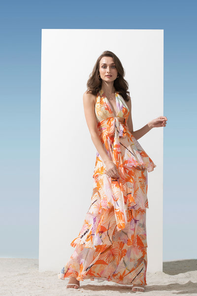 Mandira Wirk Chiffon printed tiered dress with lurex georgette halter neckline with waist tie-up  orange western indian designer wear online shopping melange singapore