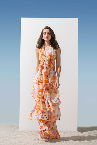 Mandira Wirk Chiffon printed tiered dress with lurex georgette halter neckline with waist tie-up  orange western indian designer wear online shopping melange singapore