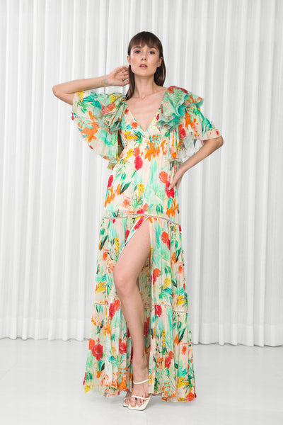 Mandira Wirk Dahlia Bouquet Printed Chiffon Dress indian designer wear online shopping melange singapore