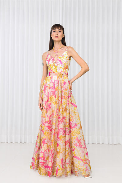 Mandira Wirk Dahlia Bouquet Printed Chiffon Dress in Scuba and Lazer Details indian designer wear online shopping melange singapore