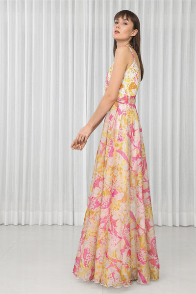Mandira Wirk Dahlia Bouquet Printed Chiffon Dress in Scuba and Lazer Details indian designer wear online shopping melange singapore
