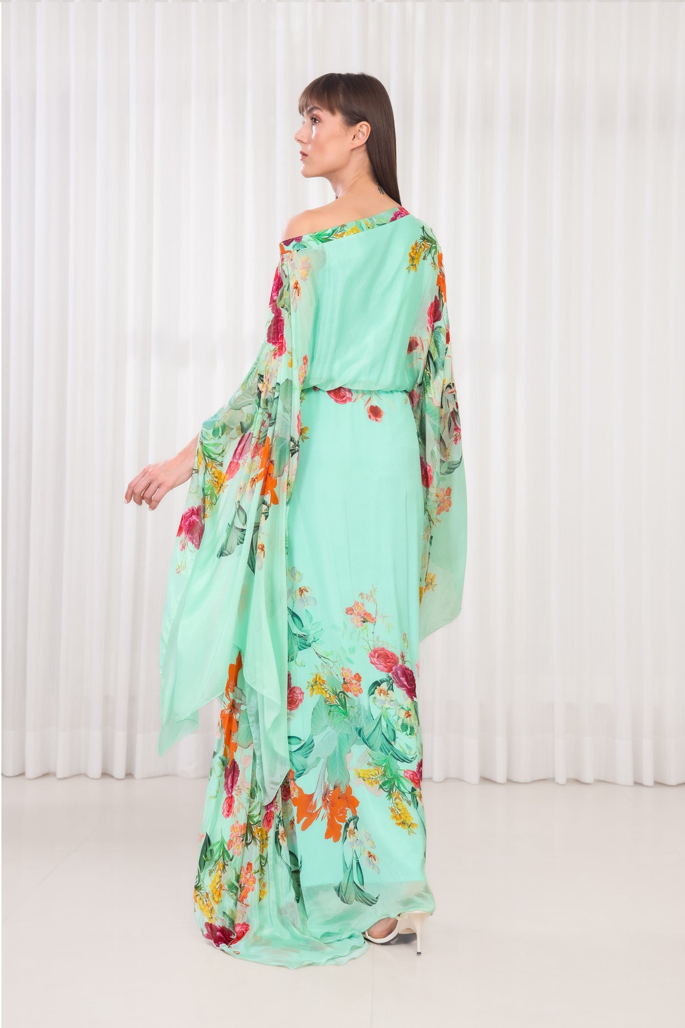 Mandira Wirk Dahlia Bouquet Printed Kaftan Dress indian designer wear online shopping melange singapore