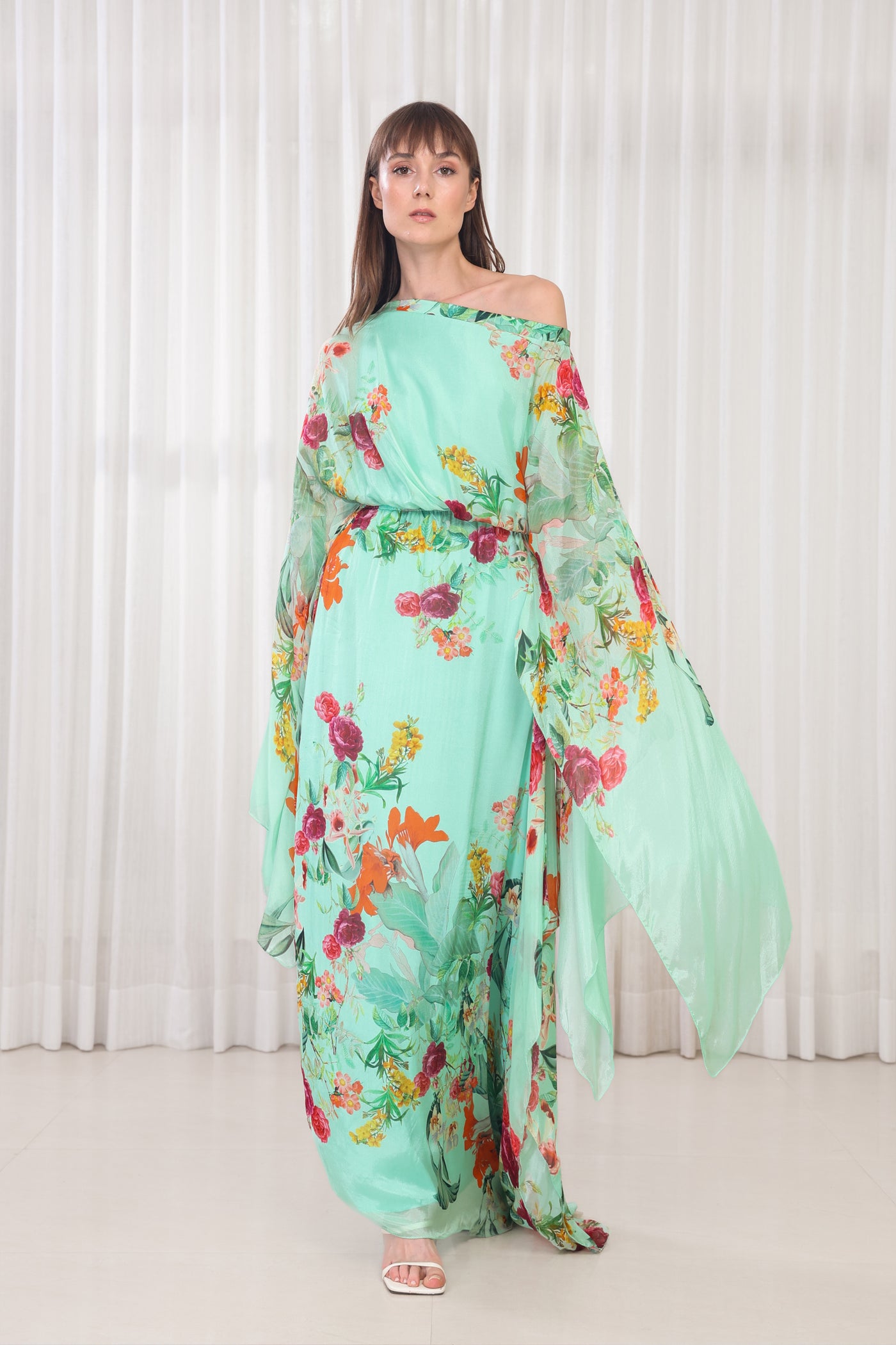Mandira Wirk Dahlia Bouquet Printed Kaftan Dress indian designer wear online shopping melange singapore