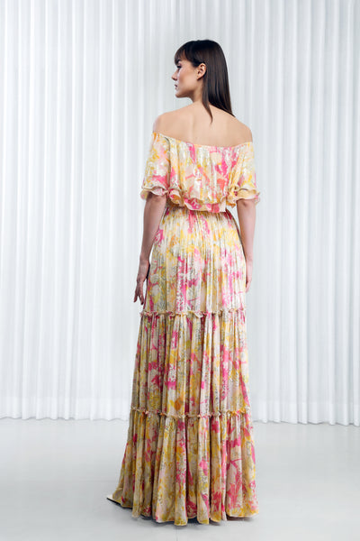 Mandira Wirk Daisy Printed Off-Shoulder Tiered Dress indian designer wear online shopping melange singapore