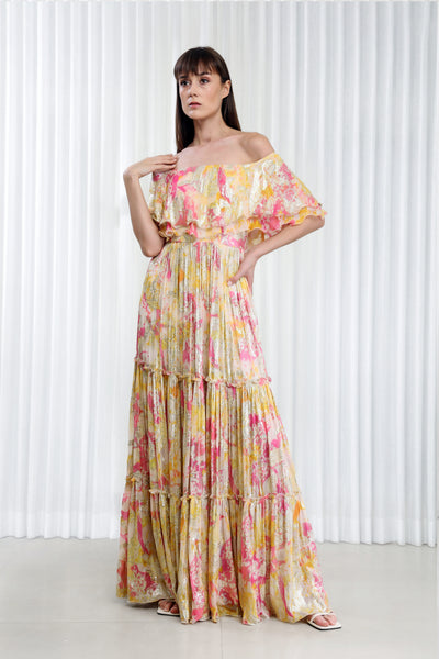 Mandira Wirk Daisy Printed Off-Shoulder Tiered Dress indian designer wear online shopping melange singapore