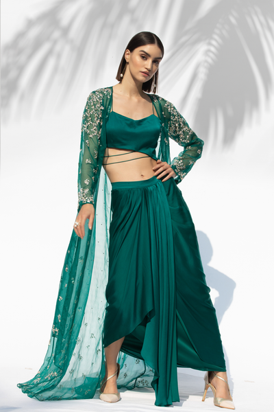 Mandira Wirk Emerald Green Jacket With Drape Skirt And Bustier festive indian designer wear online shopping melange singapore indian designer wear