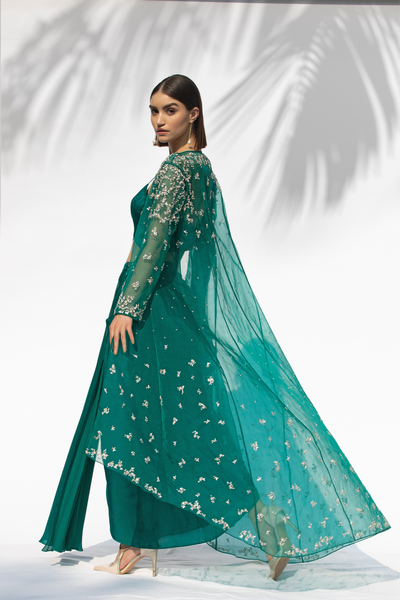 Mandira Wirk Emerald Green Jacket With Drape Skirt And Bustier festive indian designer wear online shopping melange singapore indian designer wear