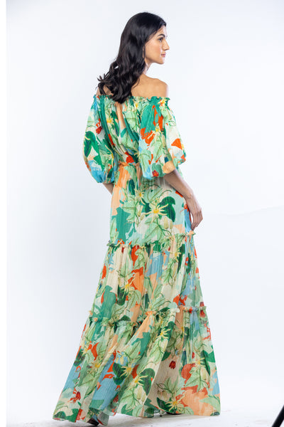 mandira wirk cotton lurex printed off shoulder long dress green western indian designer wear online shopping melange singapore