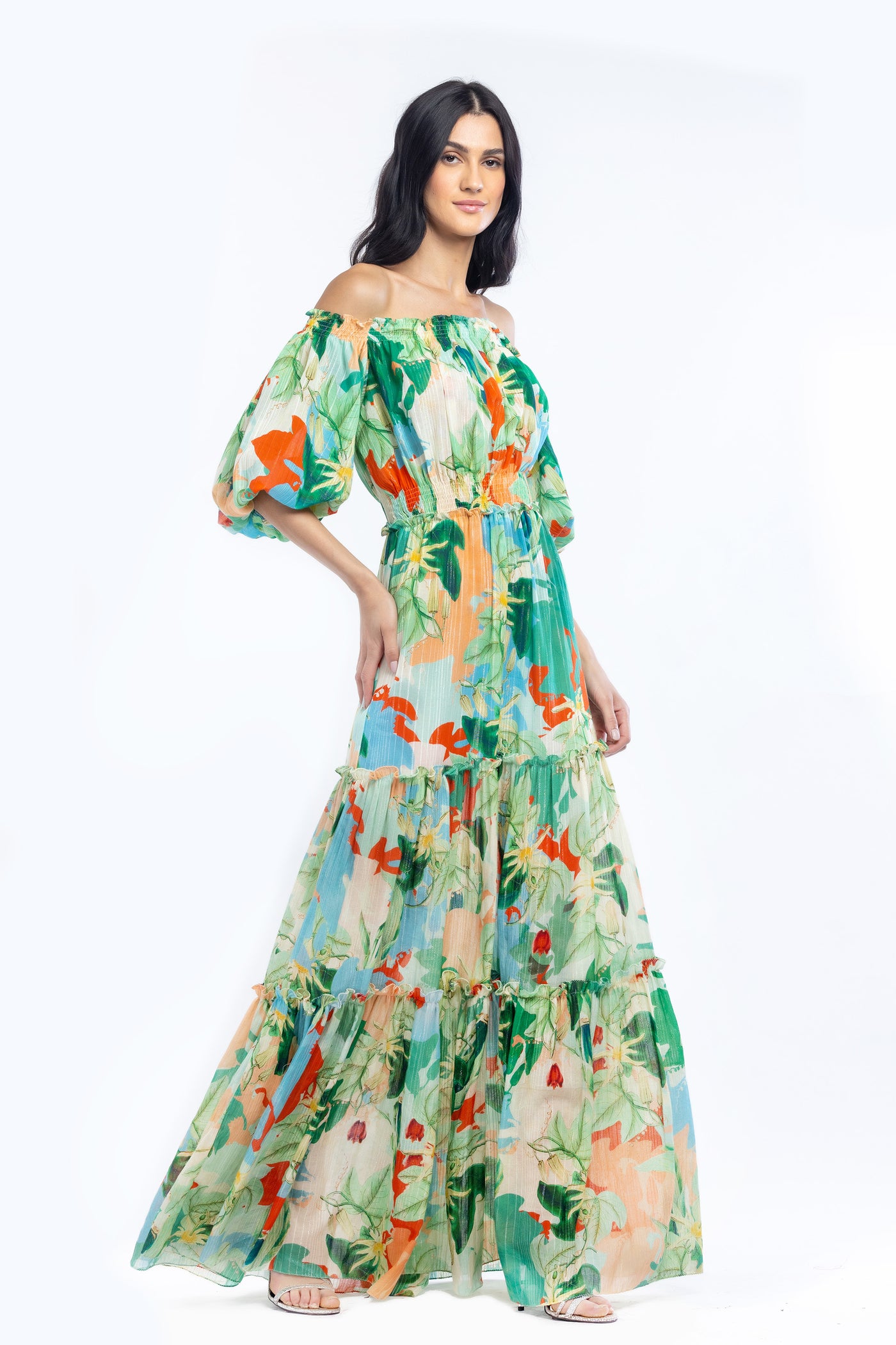 mandira wirk cotton lurex printed off shoulder long dress green western indian designer wear online shopping melange singapore