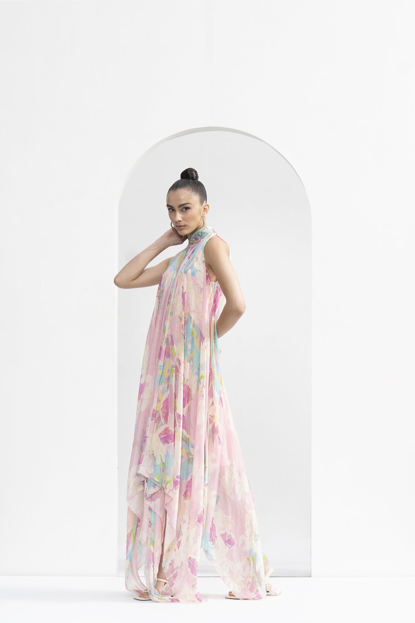 Mandira Wirk Gold Foil Tropical Printed High Low Dress indian designer wear online shopping melange singapore