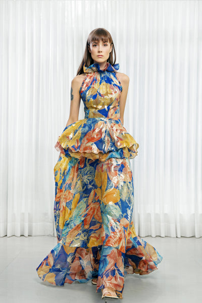Mandira Wirk Hawaii Printed Dress with Ruffled Neck indian designer wear online shopping melange singapore