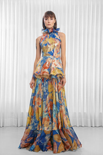 Mandira Wirk Hawaii Printed Dress with Ruffled Neck indian designer wear online shopping melange singapore
