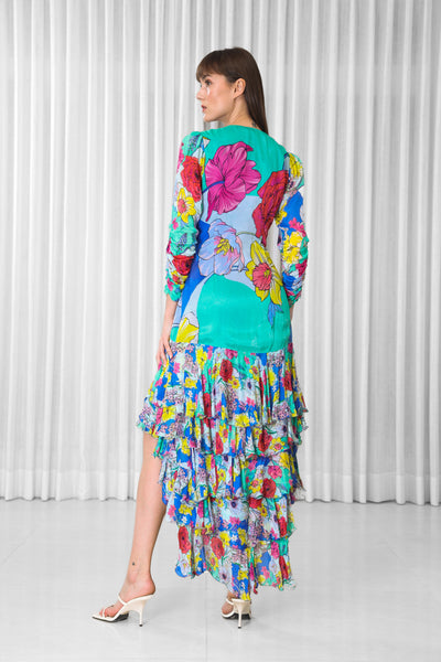 Mandira Wirk Hibiscus Placement Printed Ruffled Dress indian designer wear online shopping melange singapore