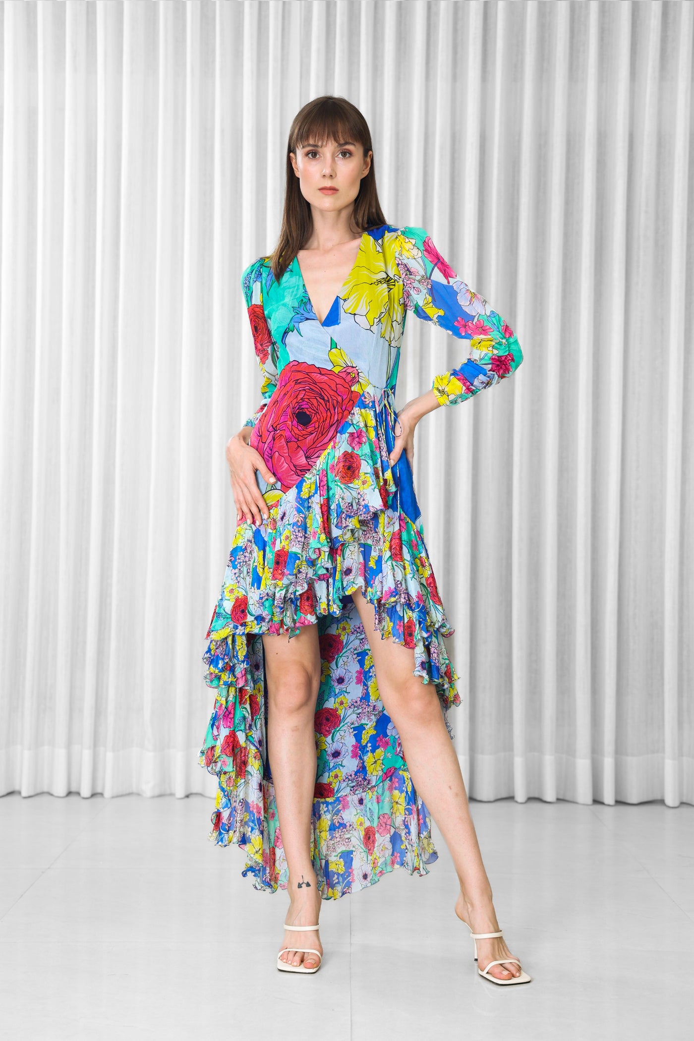 Mandira Wirk Hibiscus Placement Printed Ruffled Dress indian designer wear online shopping melange singapore