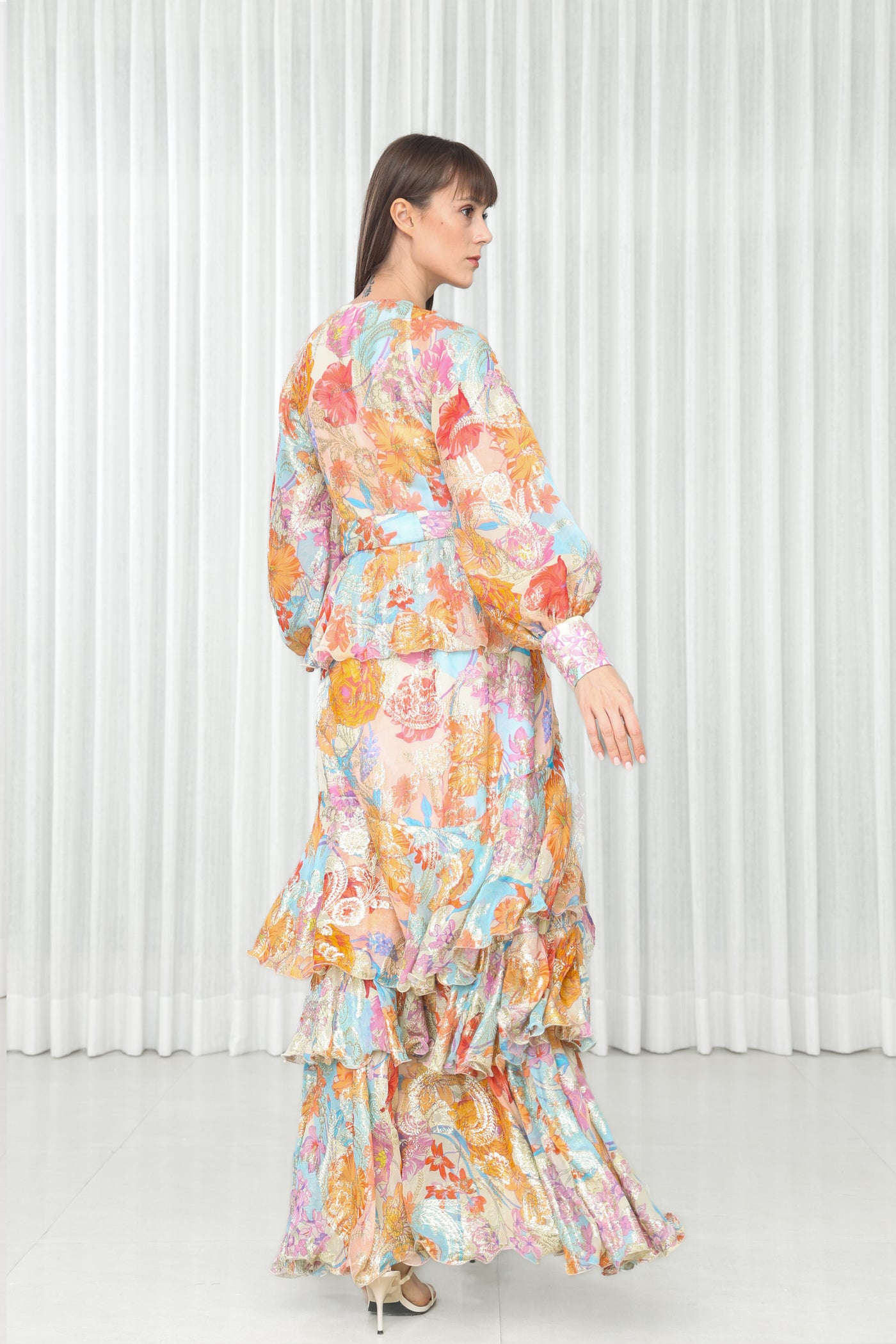 Mandira Wirk Hibiscus Printed Brasso Layered Dress indian designer wear online shopping melange singapore