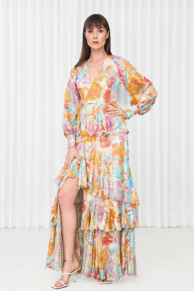 Mandira Wirk Hibiscus Printed Brasso Layered Dress indian designer wear online shopping melange singapore