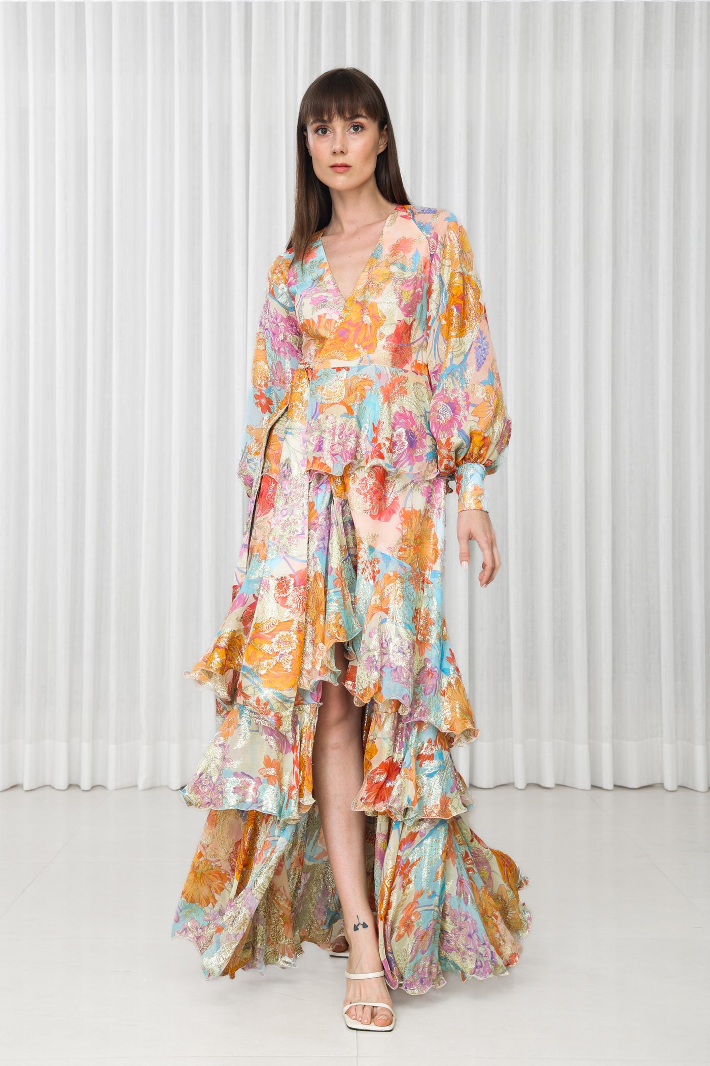 Mandira Wirk Hibiscus Printed Brasso Layered Dress indian designer wear online shopping melange singapore