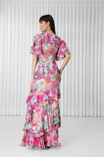 Mandira Wirk Hibiscus Printed Brasso and Chiffon Ruffled Dress indian designer wear online shopping melange singapore