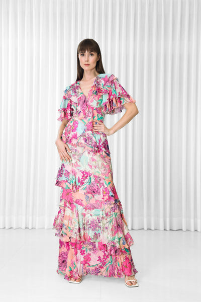 Mandira Wirk Hibiscus Printed Brasso and Chiffon Ruffled Dress indian designer wear online shopping melange singapore