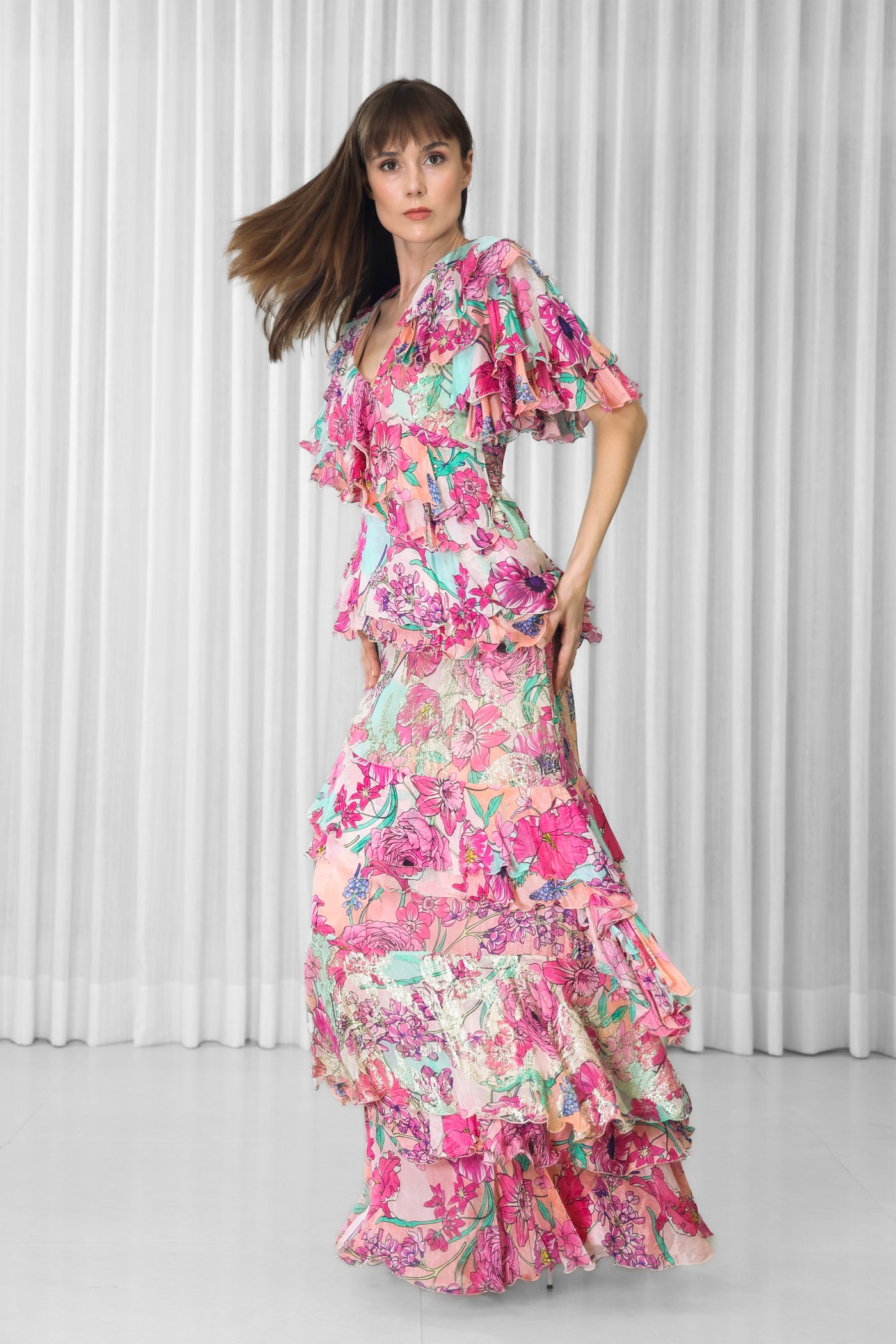 Mandira Wirk Hibiscus Printed Brasso and Chiffon Ruffled Dress indian designer wear online shopping melange singapore