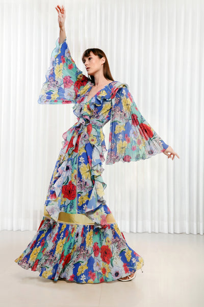 Mandira Wirk Hibiscus Printed Chiffon Dress indian designer wear online shopping melange singapore