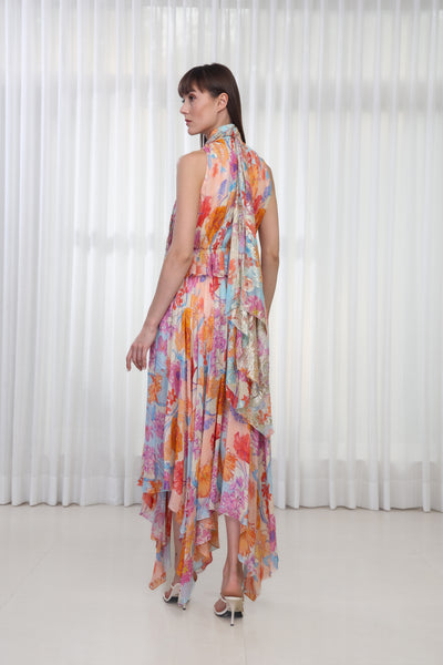 Mandira Wirk Hibiscus Printed Dress with High Neck Tie-Up indian designer wear online shopping melange singapore