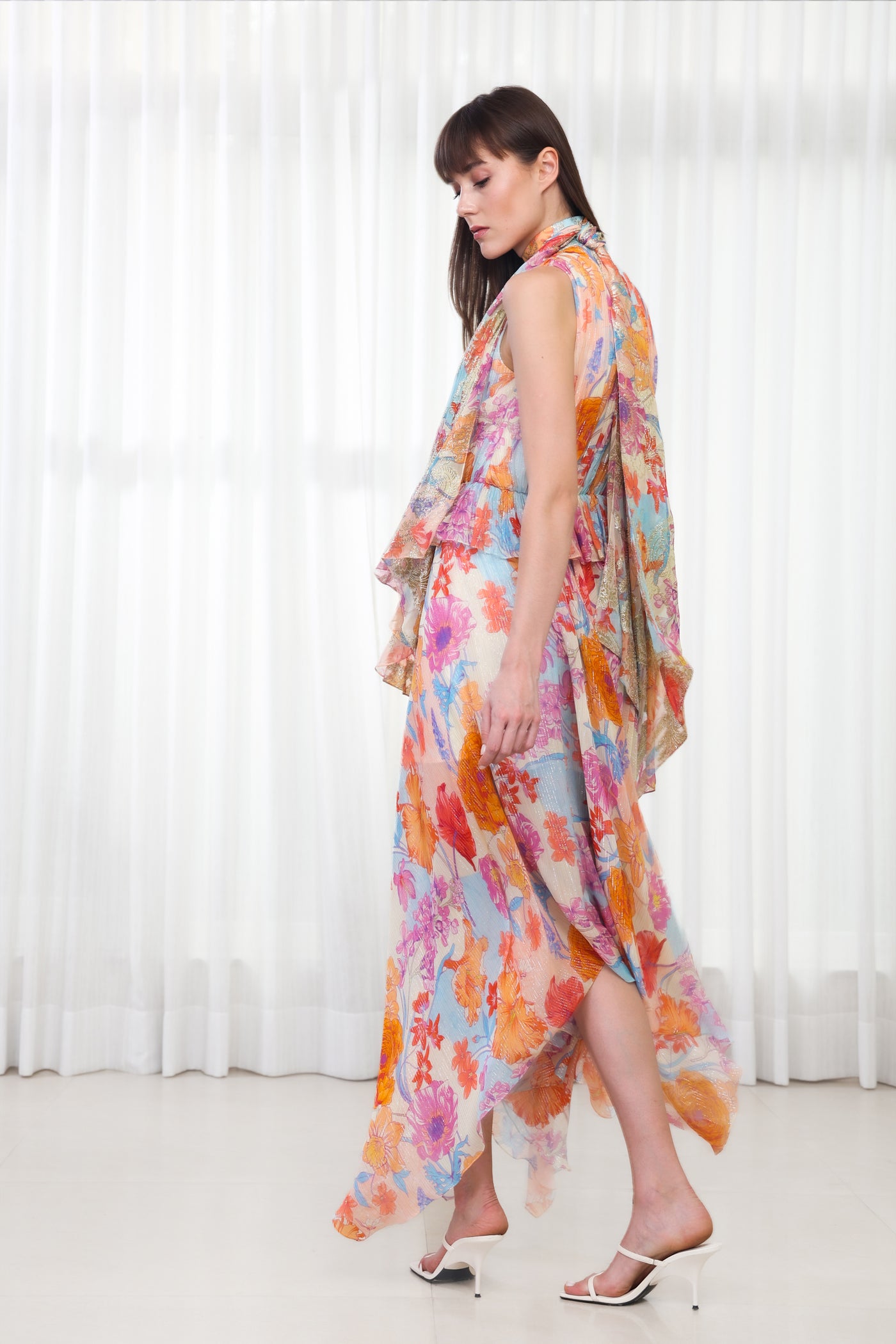 Mandira Wirk Hibiscus Printed Dress with High Neck Tie-Up indian designer wear online shopping melange singapore