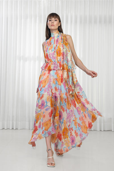Mandira Wirk Hibiscus Printed Dress with High Neck Tie-Up indian designer wear online shopping melange singapore