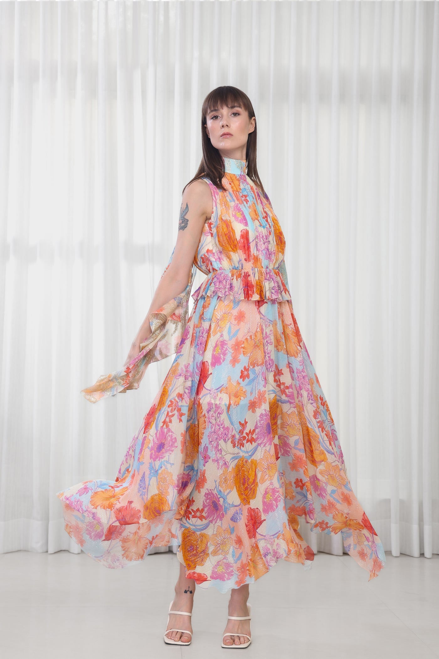 Mandira Wirk Hibiscus Printed Dress with High Neck Tie-Up indian designer wear online shopping melange singapore