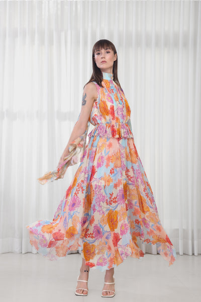 Mandira Wirk Hibiscus Printed Dress with High Neck Tie-Up indian designer wear online shopping melange singapore