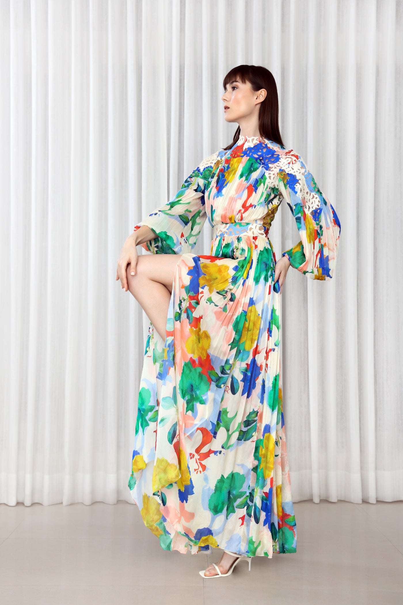 Mandira Wirk Hibiscus Printed Dress with Lazer Cuts indian designer wear online shopping melange singapore