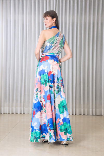 Mandira Wirk Hibiscus Printed Halter Dress indian designer wear online shopping melange singapore