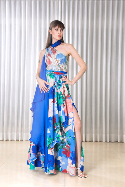 Mandira Wirk Hibiscus Printed Halter Dress indian designer wear online shopping melange singapore