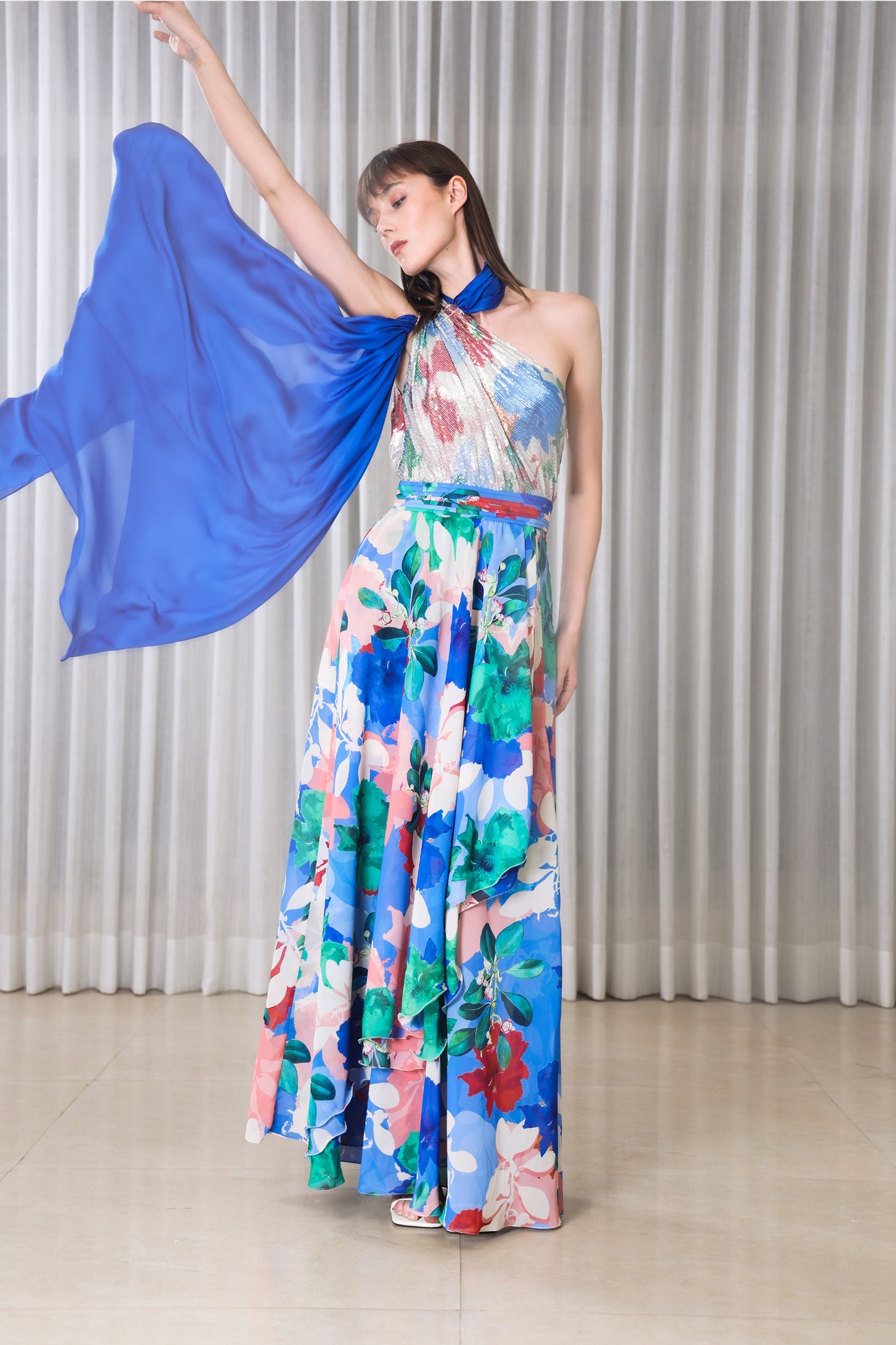 Mandira Wirk Hibiscus Printed Halter Dress indian designer wear online shopping melange singapore
