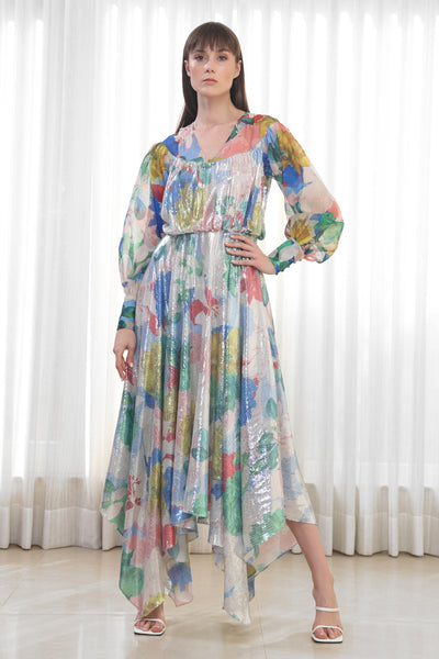 Mandira Wirk Hibiscus Printed High Low Dress indian designer wear online shopping melange singapore