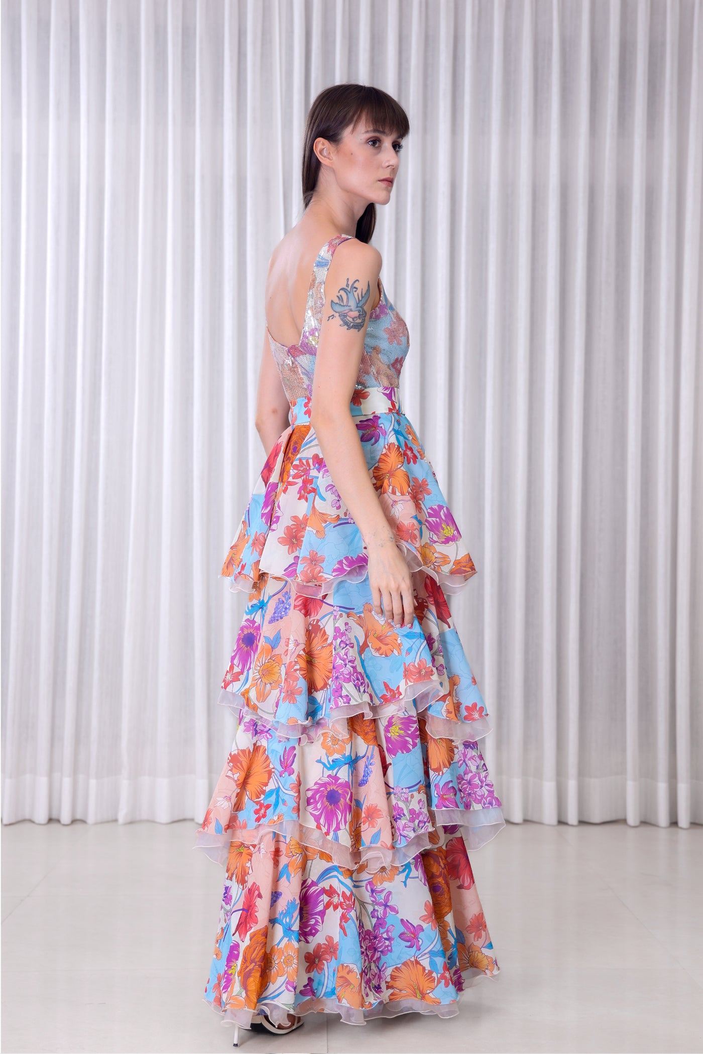 Mandira Wirk Hibiscus Printed Layered Dress indian designer wear online shopping melange singapore