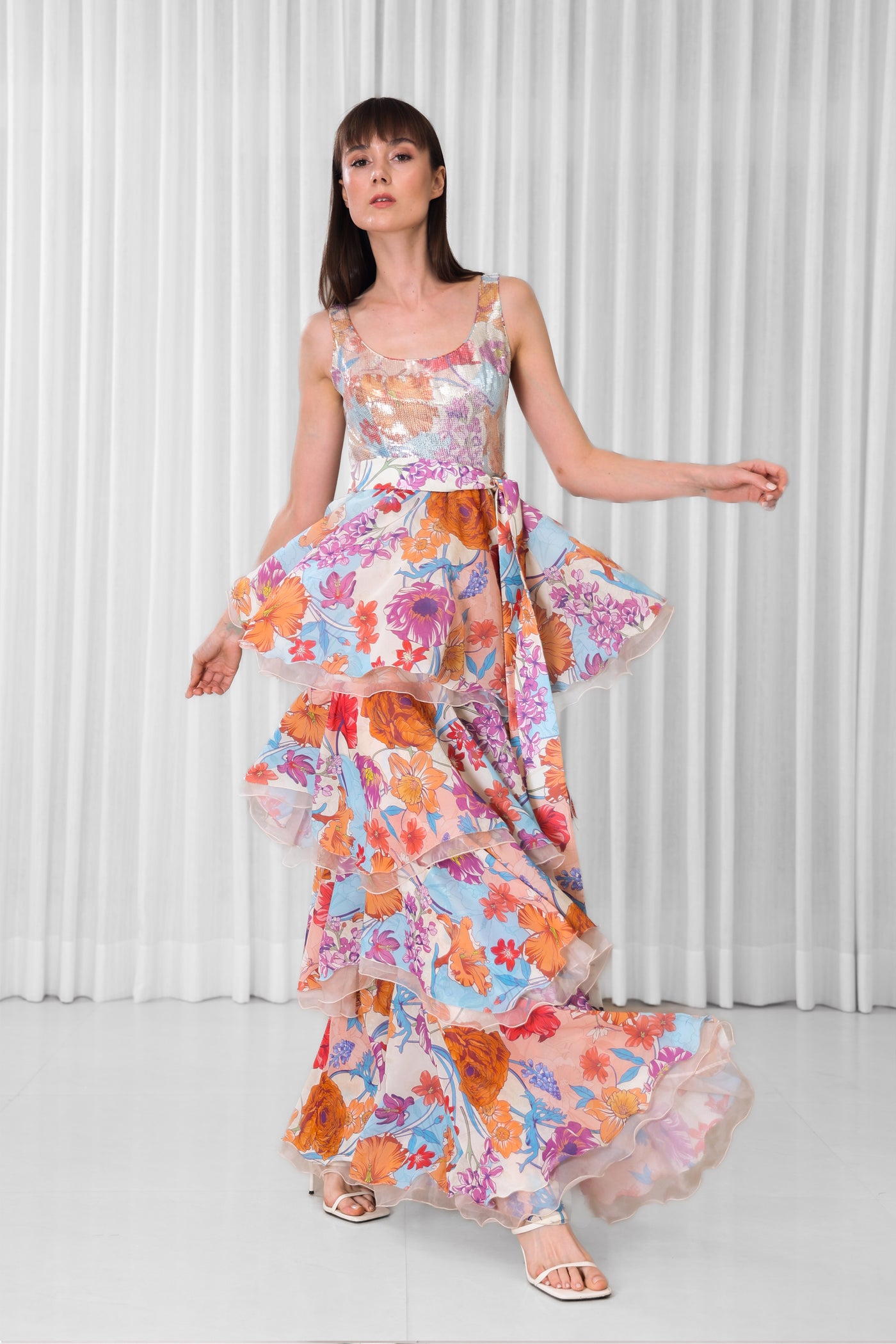 Mandira Wirk Hibiscus Printed Layered Dress indian designer wear online shopping melange singapore