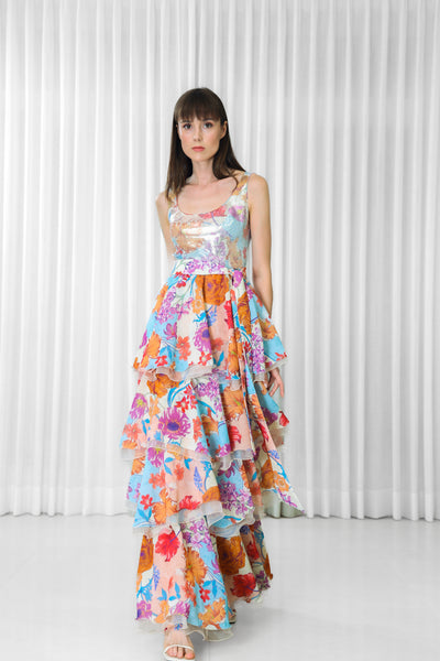 Mandira Wirk Hibiscus Printed Layered Dress indian designer wear online shopping melange singapore