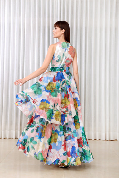 Mandira Wirk Hibiscus Printed Layered Gown Dress indian designer wear online shopping melange singapore