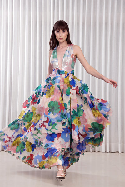 Mandira Wirk Hibiscus Printed Layered Gown Dress indian designer wear online shopping melange singapore