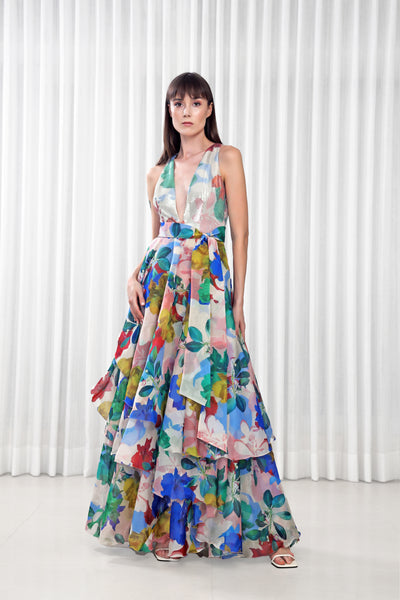 Mandira Wirk Hibiscus Printed Layered Gown Dress indian designer wear online shopping melange singapore