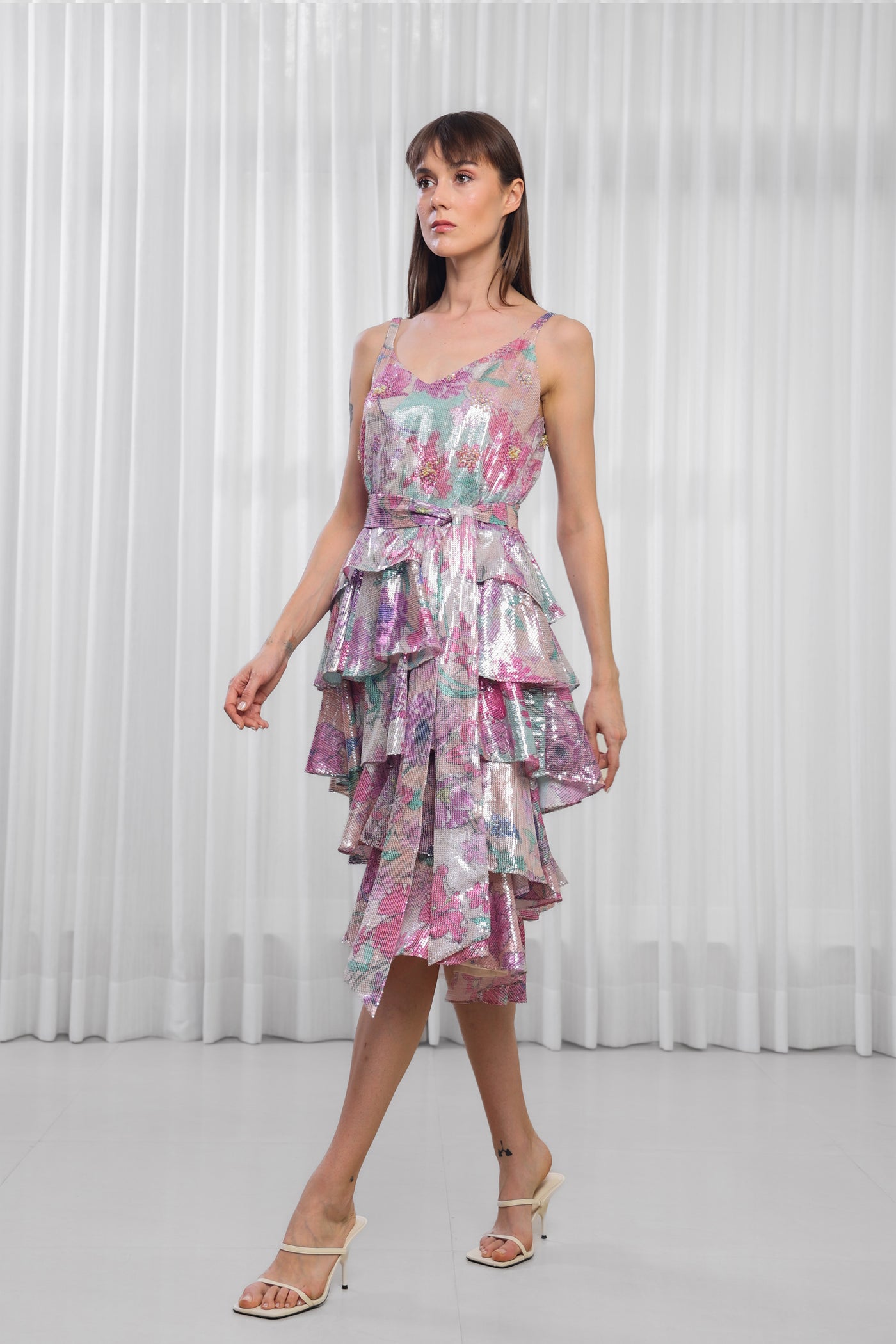 Mandira Wirk Hibiscus Printed Sequins Layered Dress indian designer wear online shopping melange singapore
