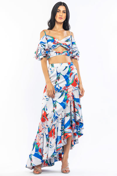 mandira wirk satin printed flaired sleeve top with high low skirt ivory and blue western indian designer wear online shopping melange singapore