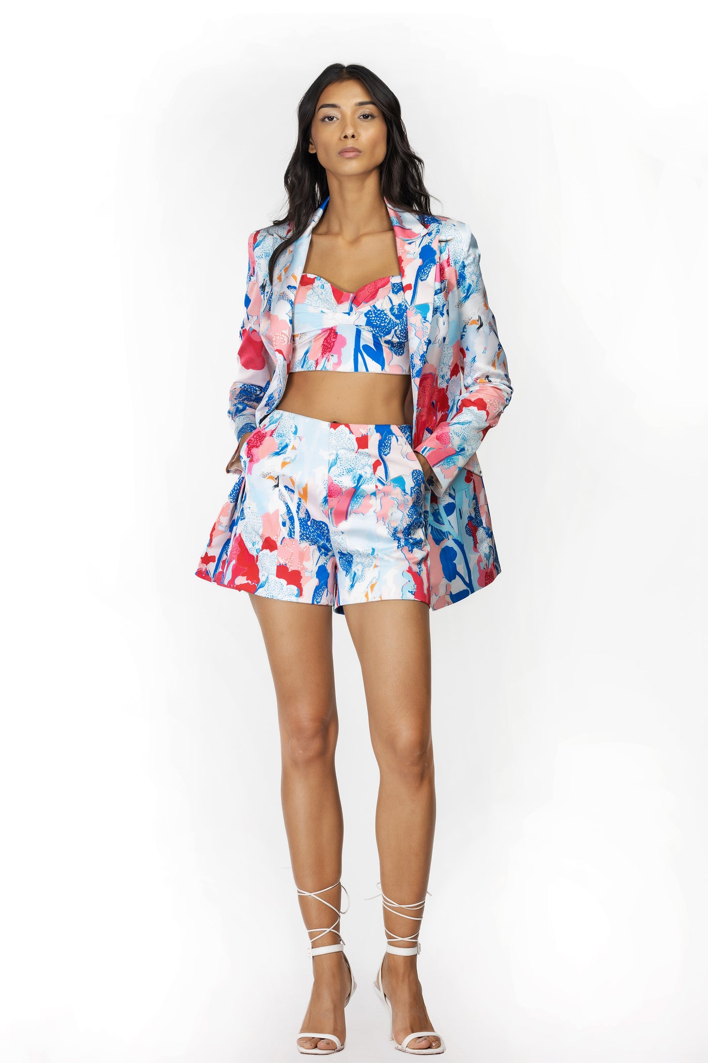 mandira wirk satin printed jacket with shorts and bustier ivory and blue western indian designer wear online shopping melange singapore