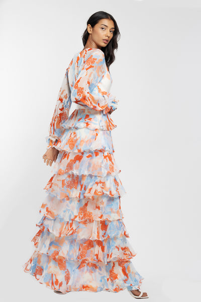 mandira wirk chiffon printed long layered dress ivory and orange western indian designer wear online shopping melange singapore