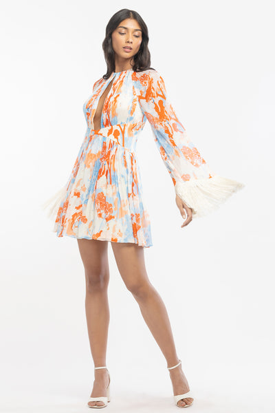mandira wirk chiffon printed short dress ivory and orange western indian designer wear online shopping melange singapore