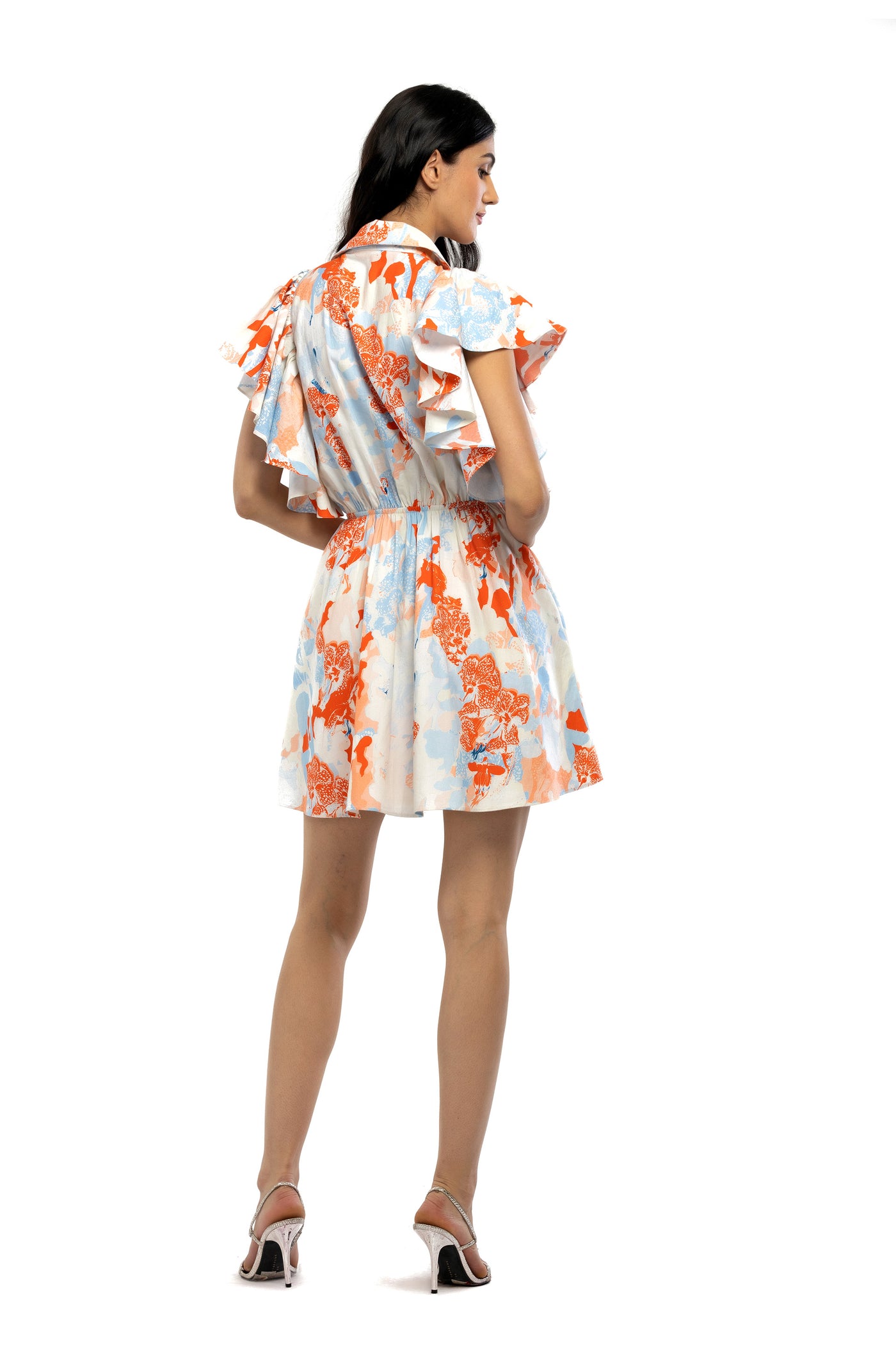 mandira wirk cotton poplin printed short dress ivory and orange western indian designer wear online shopping melange singapore