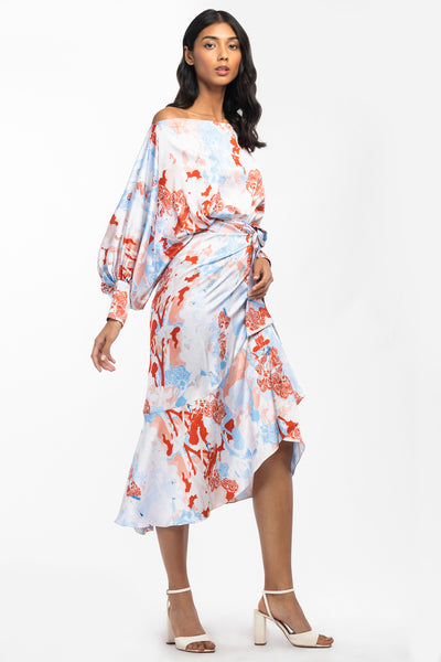 mandira wirk satin printed off shoulder top with wrap skirt ivory and orange western indian designer wear online shopping melange singapore